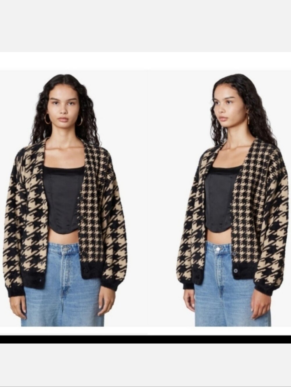 Houndstooth Knit Cardigan in Black and Beige